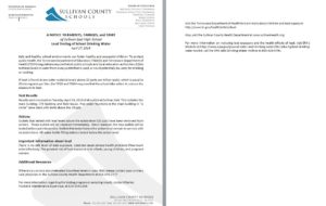 Sullivan East High School letter to parents on Lead Teasting on drinking water